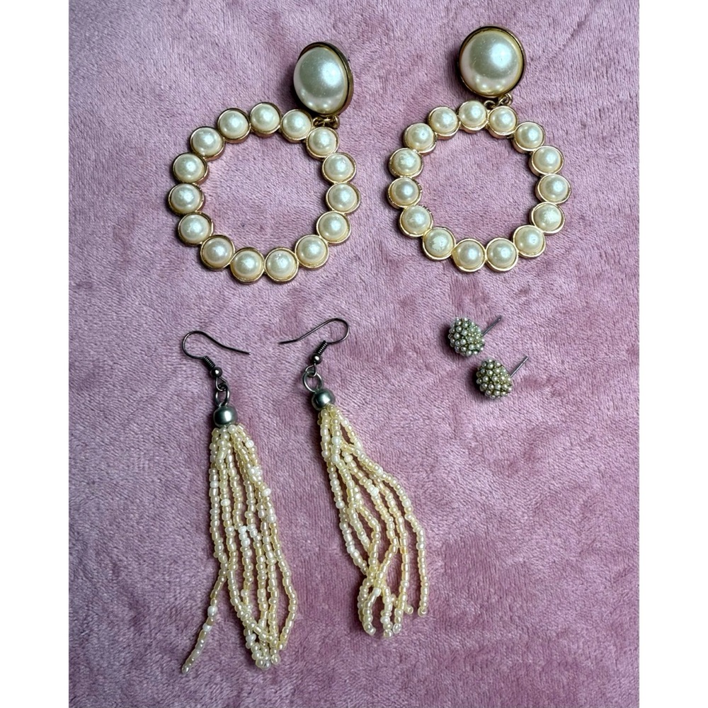 Lot of 3 Vintage Statement Earrings Pearl Hoops Beaded Tassel Dangle Studs